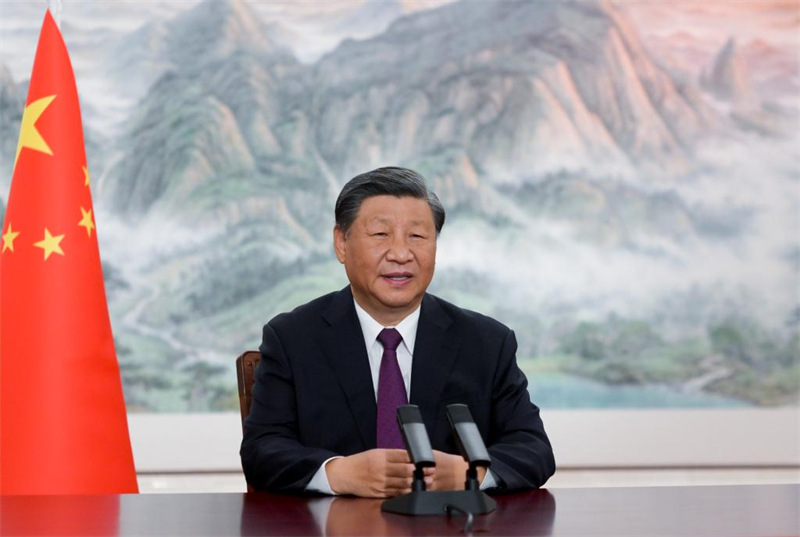 Rais Xi Jinping wa China akihutubia Mkutano wa Kilele wa Biashara ya Huduma ya Kimataifa wa Maonyesho ya Kimataifa ya Biashara ya Huduma ya China ya Mwaka 2023 (CIFTIS) kwa njia ya video mjini Beijing, China, Septemba 2, 2023. (Xinhua/Li Xueren)