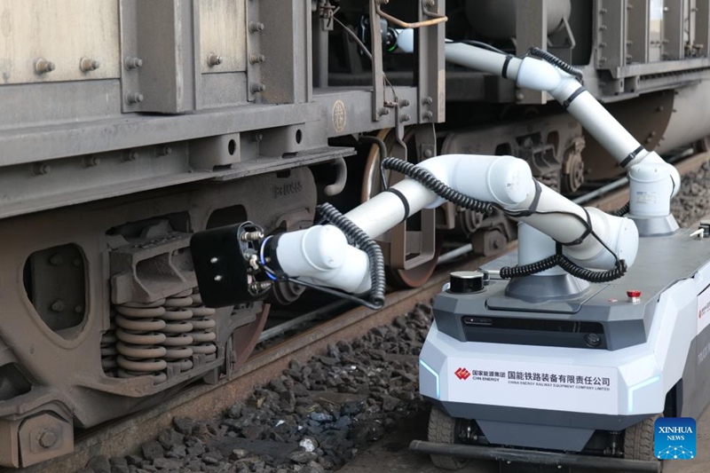 Roboti ya ukaguzi akikagua treni ya uchukuzi wa mizigo kwenye karakana ya matengenezo ya treni ya Kampuni ya Vifaa vya Reli ya China Energy katika Bandari ya Huanghua, Mkoa wa Hebei, Kaskazini mwa China, Mei 15, 2025. (Picha na Zhang Shiqi/Xinhua)