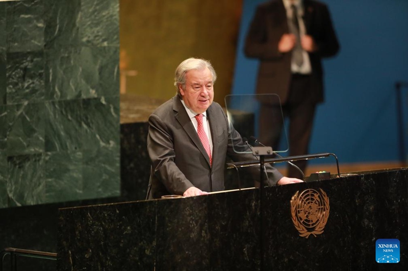 Katibu Mkuu wa Umoja wa Mataifa, Antonio Guterres akizungumza kwenye  shughuli ya Baraza Kuu ya kuadhimisha miaka 80 tangu kutiwa saini kwa Katiba ya Umoja wa Mataifa   katika makao makuu ya Umoja wa Mataifa mjini New York, Juni 26, 2025. (Xinhua/Xie E)