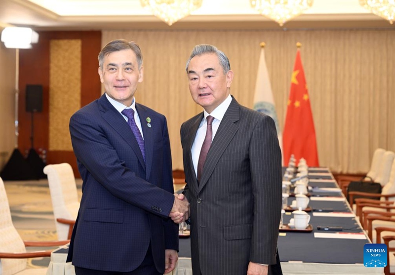 Waziri wa Mambo ya Nje wa China Wang Yi, ambaye pia ni Mjumbe wa Ofisi ya Siasa ya Kamati Kuu ya Chama cha Kikomunisti cha China (CPC), akikutana na Katibu Mkuu wa Jumuiya ya Ushirikiano ya Shanghai (SCO) Nurlan Yermekbayev mjini Tianjin, kaskazini mwa China, Julai 16, 2025. (Xinhua/Zhao Zishuo)
