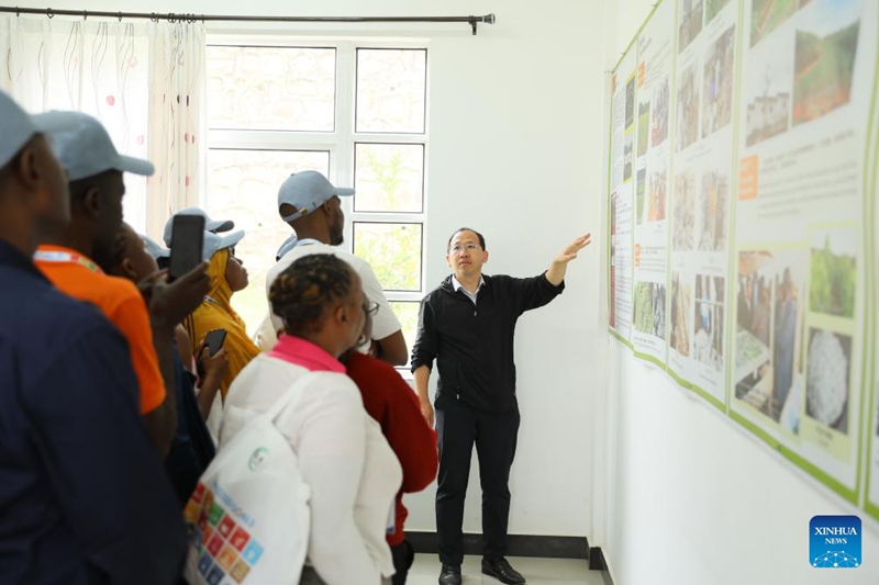 Mtaalamu Mchina wa Juncao Chen Xiaobin (wa kwanza kulia) akifafanua ujuzi unaohusiana na teknolojia ya Juncao kwa wakurufunzi katika Kituo cha Kielelezo cha Teknolojia ya Kilimo cha China na Rwanda katika Wilaya ya Huye, Rwanda, Julai 17, 2025. (Picha na Huang Wanqing/Xinhua)
