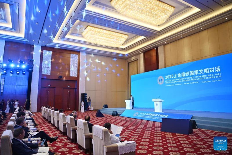 Picha hii iliyopigwa tarehe 23 Julai 2025 ikionyesha shughuli kwenye Mazungumzo Kati ya Staarabu tofauti Miongoni mwa Nchi za Jumuiya ya Ushirikiano ya Shanghai (SCO) 2025 mjini Tianjin, kaskazini mwa China. (Xinhua/Li Ran)