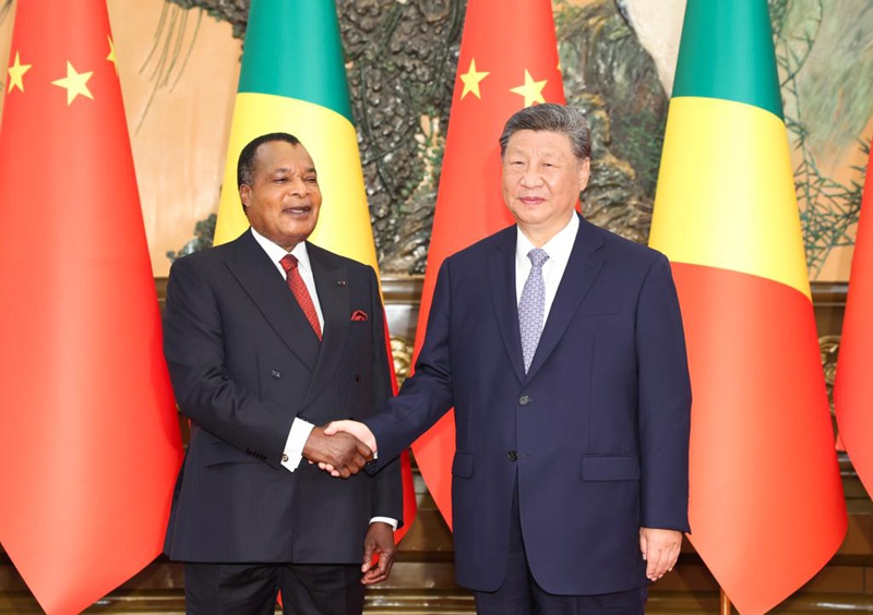 Rais Xi Jinping wa China akikutana na Rais wa Jamhuri ya Kongo Denis Sassou Nguesso kwenye Jumba la Mikutano ya Umma la Beijing katika mji wa Beijing, mji mkuu wa China, Septemba 4, 2025. (Xinhua/Huang Jingwen)