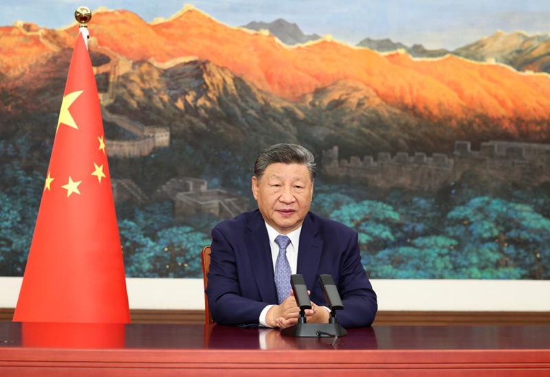 Rais wa China Xi Jinping akitoa hotuba kwa njia ya video kwenye Mkutano wa Umoja wa Mataifa kuhusu Tabianchi 2025 uliofanyika New York, Septemba 24, 2025. (Xinhua/Huang Jingwen)