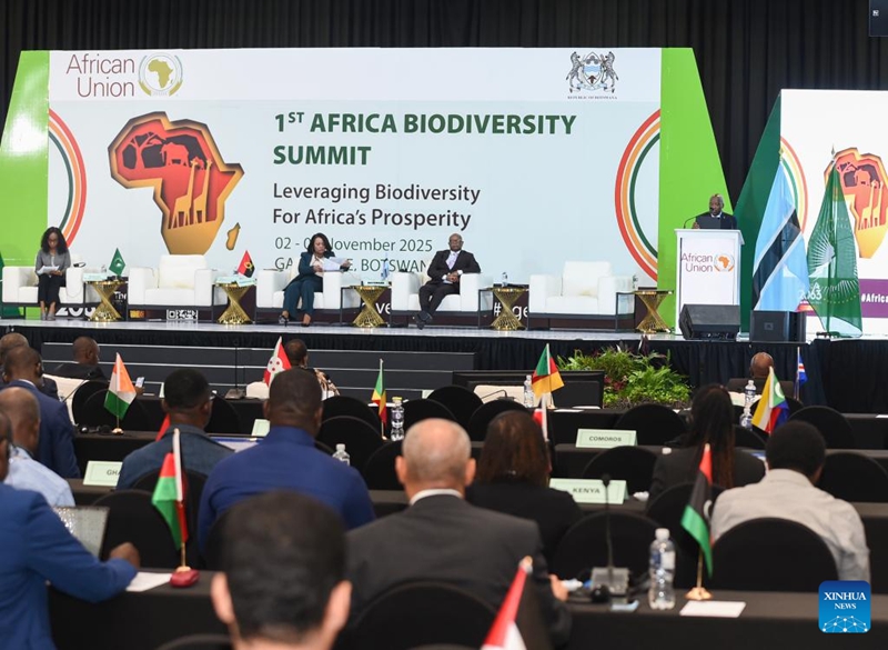 Kamishna wa Umoja wa Afrika anayeshughulika na Kilimo, Maendeleo Vijijini, Uchumi wa Bluu na Mazingira Endelevu Moses Vilakati (kwenye mimbari) akizungumza katika Kikao cha kwanza cha Mawaziri cha Mkutano wa Bioanuwai wa Afrika mjini Gaborone, Botswana, Novemba 4, 2025. (Picha na Tshekiso Tebalo/Xinhua)