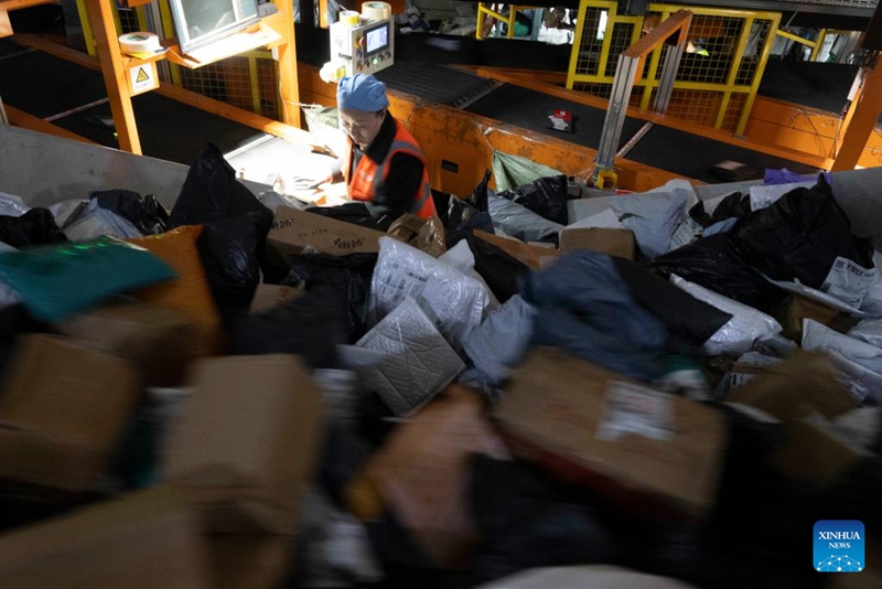 Mfanyakazi akipanga vifurushi katika tawi la Shirika la Posta la China mjini Harbin, Mkoa wa Heilongjiang, kaskazini mashariki mwa China, Novemba 10, 2025. (Xinhua/Zhang Tao) 