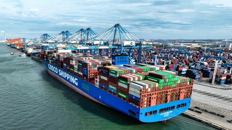 Picha iliyopigwa Novemba 11, 2025 ikionyesha meli ikipakua mizigo kwenye Bandari ya Qinzhou katika Mji wa Qinzhou, Mkoa Unaojiendesha wa Kabila la Wazhuang wa Guangxi, kusini mwa China. (Xinhua/Zhang Ailin)
