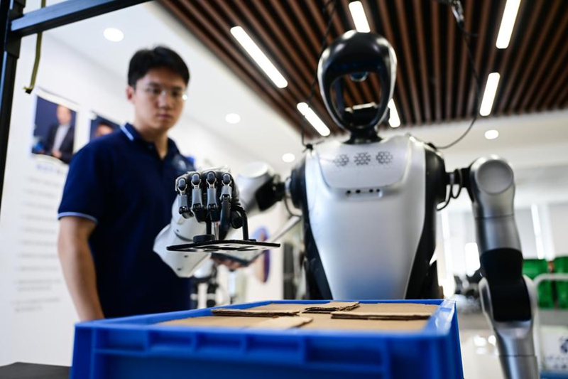 Mhandisi akitazama roboti yenye umbo la binadamu ikichukua kifaa kwenye maabara ya Kampuni ya Mambo ya Roboti ya Leju mjini Hefei, Mkoa wa Anhui, mashariki mwa China, Oktoba 24, 2025. (Xinhua/Zhou Mu)