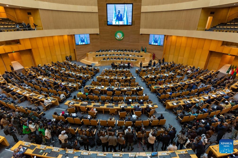 Picha hii iliyopigwa Februari 11, 2026 ikionyesha ukumbi wa Mkutano wa 48 wa Kawaida wa Baraza Tendaji la Umoja wa Afrika (AU) katika makao makuu ya AU mjini Addis Ababa, Ethiopia. (Xinhua/Xie Jianfei)