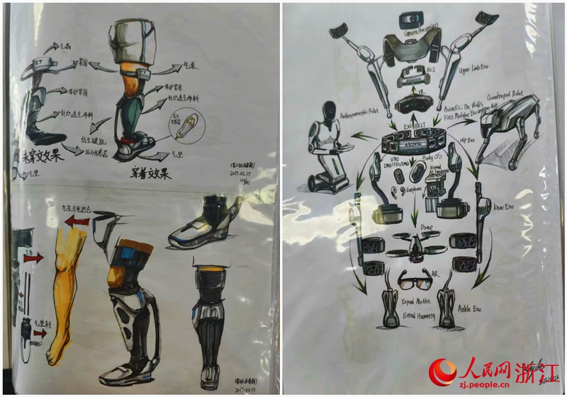 Picha zikionyesha michoro ya usanifu wa roboti za exoskeleton ya kampuni mpya ya RoboCT, katika kampuni ya awali huko Hangzhou, Mkoa wa Zhejiang, mashariki mwa China. (People's Daily Online/Kang Mengqi)