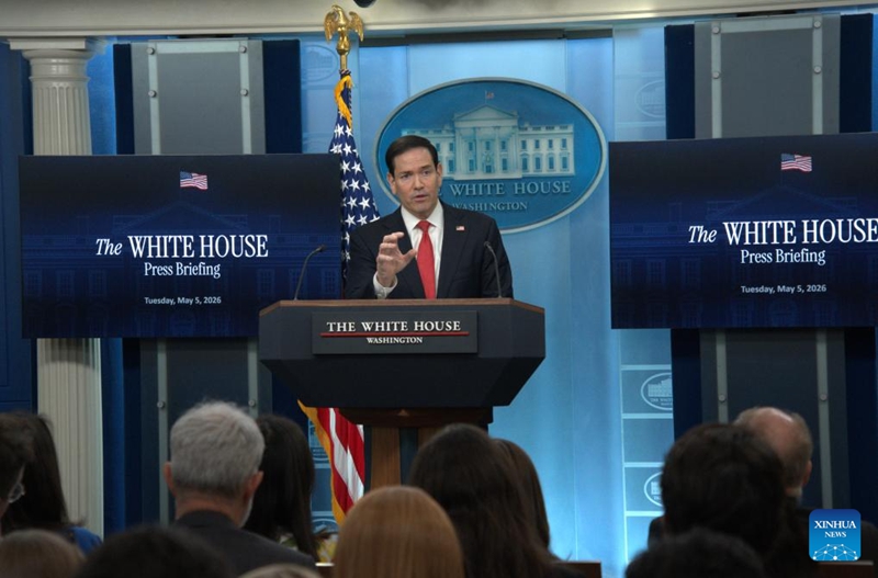 Waziri wa Mambo ya Nje wa Marekani Marco Rubio akizungumza kwenye mkutano na waandishi wa habari katika Ikulu ya White House, Washington, D.C., Marekani, Mei 5, 2026. (Picha na Li Yuanqing/Xinhua)